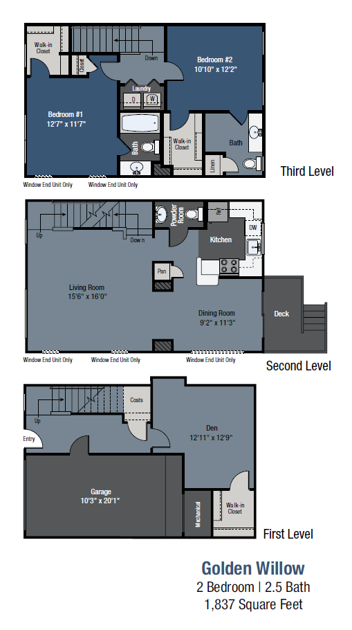 Floor plan for 2 beds, 2.5 baths, 1837 sqft
